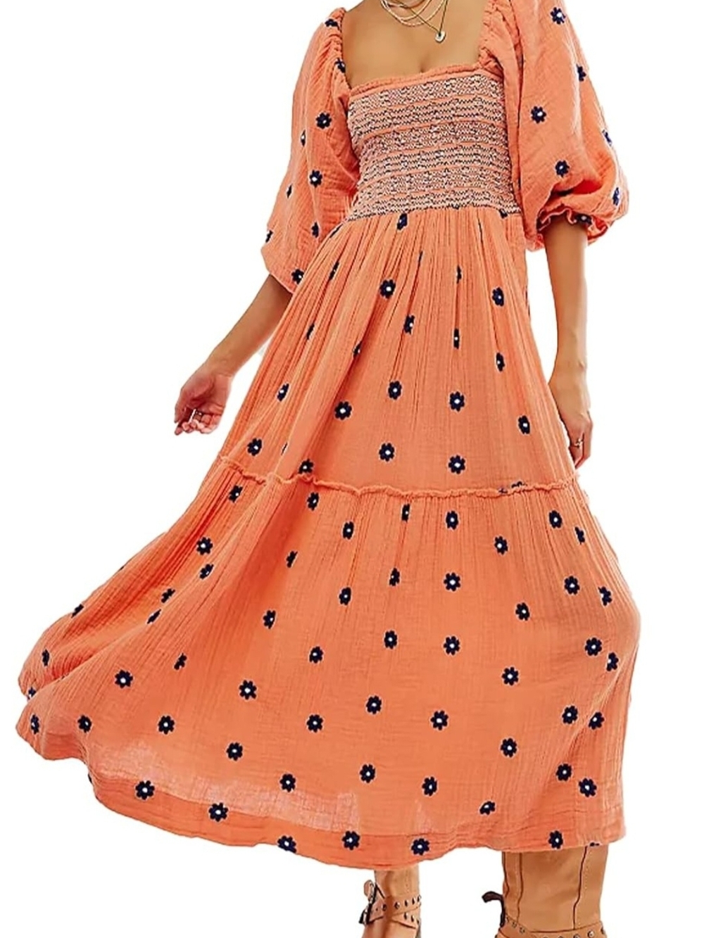 Women's Orange Puff Sleeve Smocked Midi Dress - Picture 3 of 5